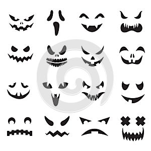 Pumpkin faces. Halloween jack o lantern face silhouettes. Monster ghost carving scary eyes and mouth vector icons set