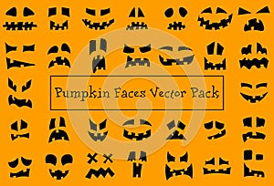 Pumpkin faces. Halloween jack o lantern face silhouettes. Monster ghost carving scary smileys vector icons set.