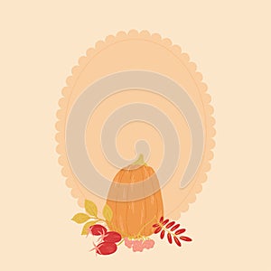 Pumpkin with fall/autumn leaves and berries. Blank frame for text to fill in