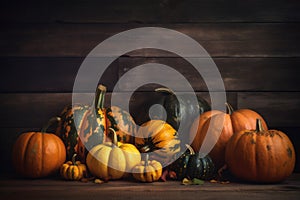 pumpkin fall background wood orange season halloween autumn decoration wooden leaf. Generative AI.