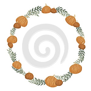 Pumpkin and fern leaves weed watercolor illustration for deoration on Thanksgiving, agriculture and Halloween festival photo