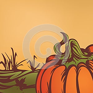 Pumpkin on the field. Autumn leaves fall. Season of harvest. Seasonal vector illustration.