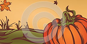 Pumpkin on the field. Autumn leaves fall. Season of harvest. Seasonal vector illustration.