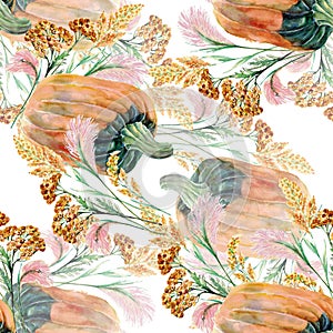 Pumpkin and field grass on white background. Seamless pattern.