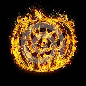 Pumpkin. Fire flames on black isolated background