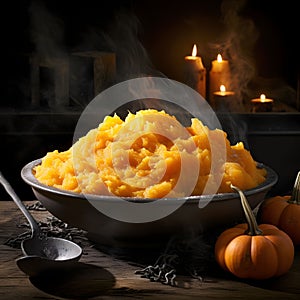 Pumpkin flesh in place around tiny pumpkins in the background burning candles. Pumpkin as a dish of thanksgiving for the harvest