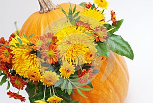 Pumpkin with Flowers Inside. Autumn or Halloween arrangement. . Vertical image.