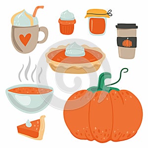 Pumpkin food set. Whole pie and slice, spice latte and soup, cupcake and jam. Autumn collection of pumpkins dishes. Colorful