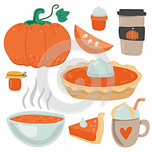 Pumpkin food set. Whole pie and slice, spice latte and soup, cupcake and jam. Autumn collection of pumpkins dishes. Colorful