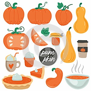 Pumpkin food set. Whole pie and slice, spice latte and soup, cupcake and jam. Autumn collection of pumpkins dishes. Colorful