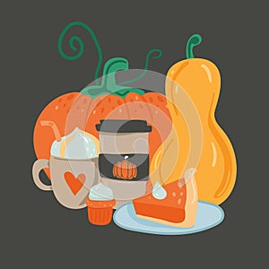 Pumpkin food. Slice pie, spice latte and soup, cupcake and jam. Autumn collection of pumpkins dishes. Colorful doodle vector