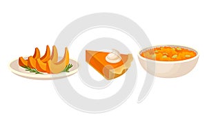 Pumpkin Foodstuff with Porridge in Bowl and Piece of Pie Vector Set