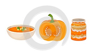 Pumpkin Foodstuff with Soup and Dessert in Glass Jar Vector Set