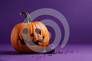 Pumpkin With Funny Face On Purple Background On The Side Place To Copy Halloween. Generative AI