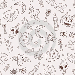 Pumpkin, ghost, bat, spider Vector illustration of fabric wallpaper texture for printing.