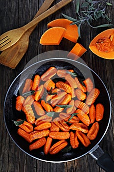 Pumpkin gnocchi in skillet, top view