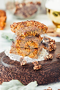 Pumpkin granola bars with peanut butter and seeds,close up