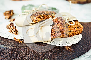 Pumpkin granola bars with peanut butter and seeds,selective focus