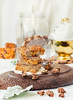 Pumpkin granola bars with peanut butter and seeds,selective focus