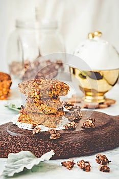 Pumpkin granola bars with peanut butter and seeds,selective focus