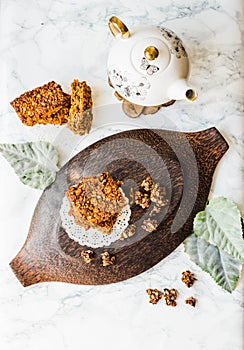 Pumpkin granola bars with peanut butter and seeds,top view