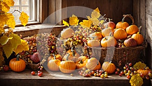 Pumpkin, grapes, autumn home seasonal concept contemporary background harvest leaves decoration