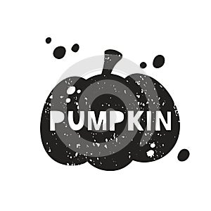 Pumpkin grunge sticker. Black texture silhouette with lettering inside. Imitation of stamp, print with scuffs