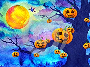 Pumpkin halloween night background full moon watercolor painting illustration design hand drawing