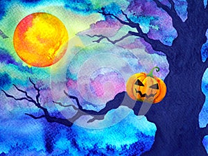 Pumpkin halloween night background full moon watercolor painting illustration design hand drawing