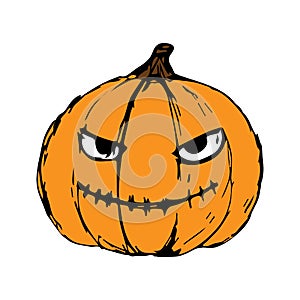 Pumpkin halloween orange, scary smile, horrible, spiteful, hand drawing.