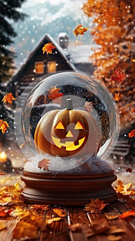 Pumpkin with a Happy Face Inside a Snow Globe photo