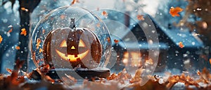 Pumpkin with a Happy Face Inside a Snow Globe photo