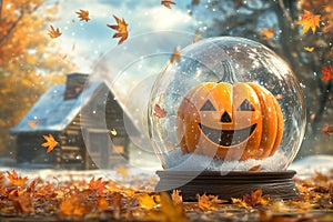 Pumpkin with a Happy Face Inside a Snow Globe photo
