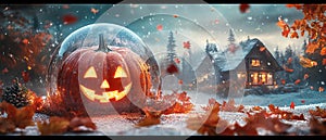 Pumpkin with a Happy Face Inside a Snow Globe photo