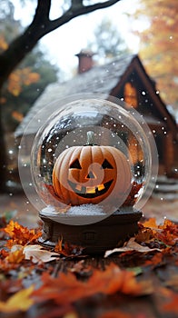 Pumpkin with a Happy Face Inside a Snow Globe photo