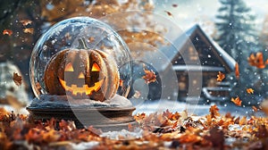 Pumpkin with a Happy Face Inside a Snow Globe photo