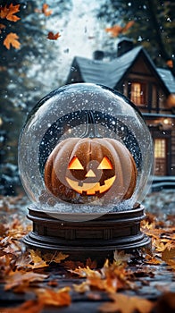 Pumpkin with a Happy Face Inside a Snow Globe photo