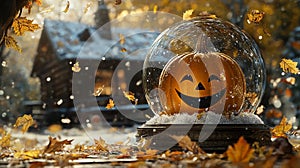 Pumpkin with a Happy Face Inside a Snow Globe photo