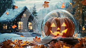 Pumpkin with a Happy Face Inside a Snow Globe photo