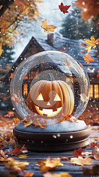 Pumpkin with a Happy Face Inside a Snow Globe photo