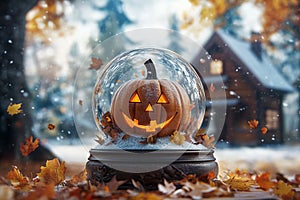 Pumpkin with a Happy Face Inside a Snow Globe photo