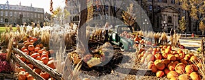 Pumpkin harvest festival during autumn on a sunny day in Quebec City, Canada.