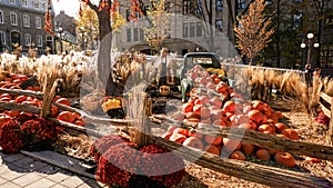 Pumpkin harvest festival during autumn on a sunny day in Quebec City, Canada.