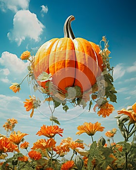 Pumpkin that has flower on it is dangling off a colorful sky. Style of meticulous photorealistic still lifes and grocery art
