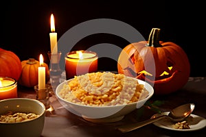 Pumpkin haute cuisine asserts count risotto with orange rice, on plate, dark background, candles and pumpkin decorations, autumn