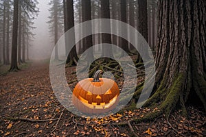 pumpkin head glows in the dark forest, scary and mystical, Halloween concept, roots of trees