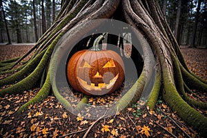 pumpkin head glows in the dark forest, scary and mystical, Halloween concept, roots of trees