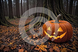 pumpkin head glows in the dark forest, scary and mystical, Halloween concept, roots of trees