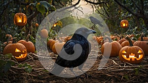 Pumpkin-Headed Crow in Mysterious Pumpkin Patch with Lantern and Twisted Trees photo