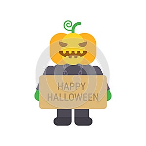 Pumpkin holding sign with inscription happy halloween